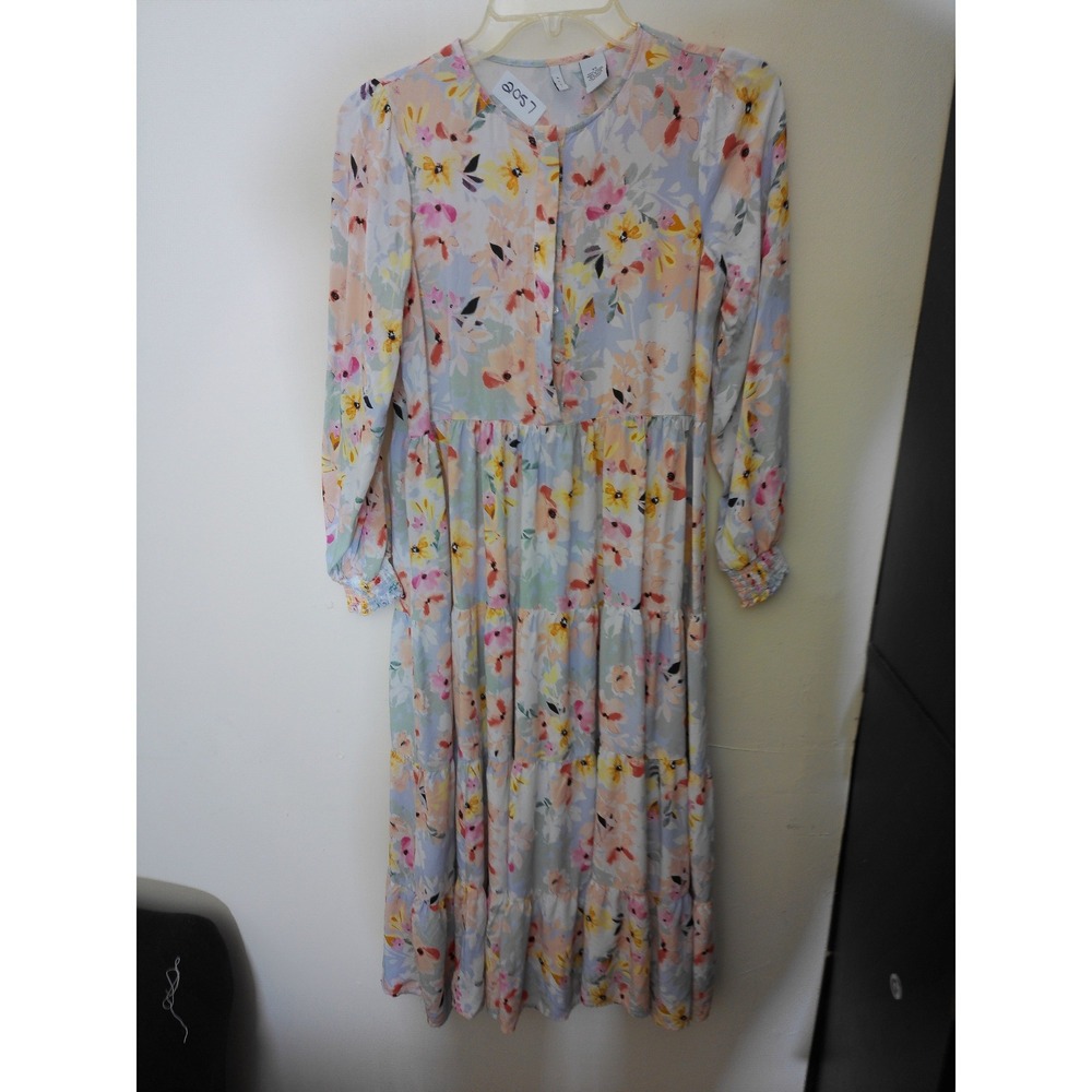 Evie Maxi Dress Womens XS Multicolor Floral Tiered Boho Long Sleeve Smocked Cuff